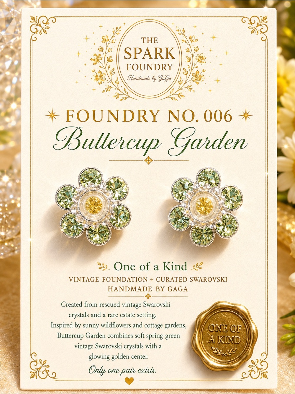 “Buttercup Garden” OOAK Vintage Swarovski Crystal Floral Stud Earrings